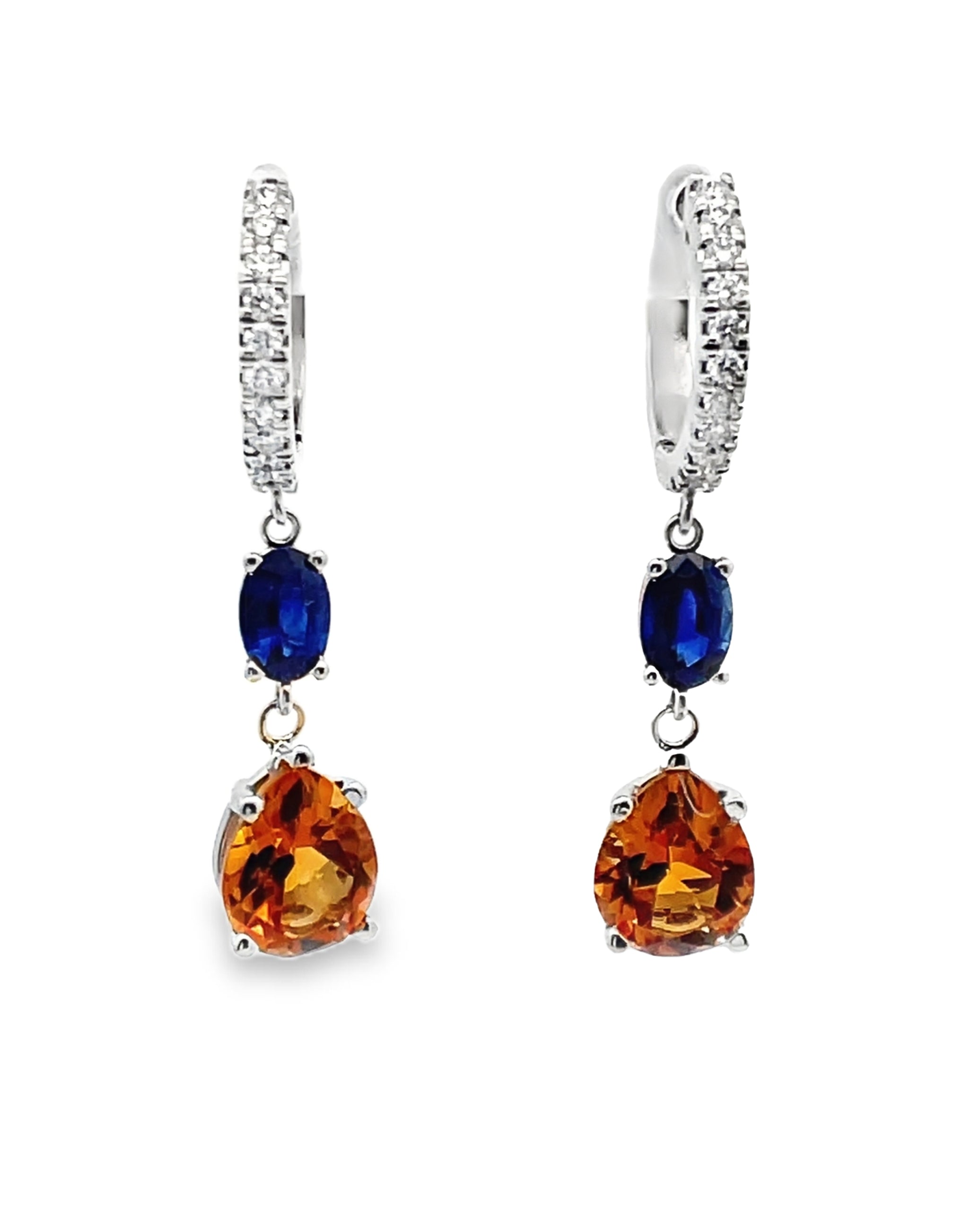 Drop Earrings 14K White Gold Pear Shaped Citrine, Oval Sapphires, Round Diamonds