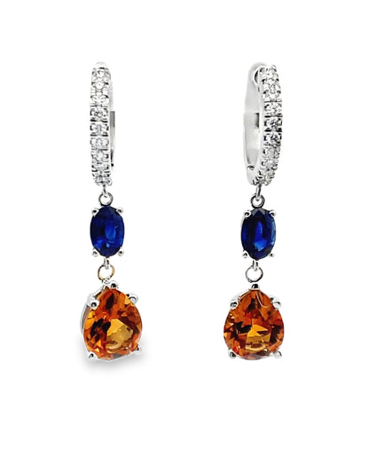 Drop Earrings 14K White Gold Pear Shaped Citrine, Oval Sapphires, Round Diamonds