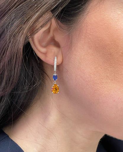 Drop Earrings 14K White Gold Pear Shaped Citrine, Oval Sapphires, Round Diamonds
