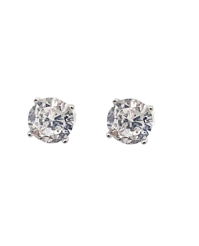 Sterling Silver Stud Earrings with 6mm Round Faceted Cubic Zirconia and Pushbacks
