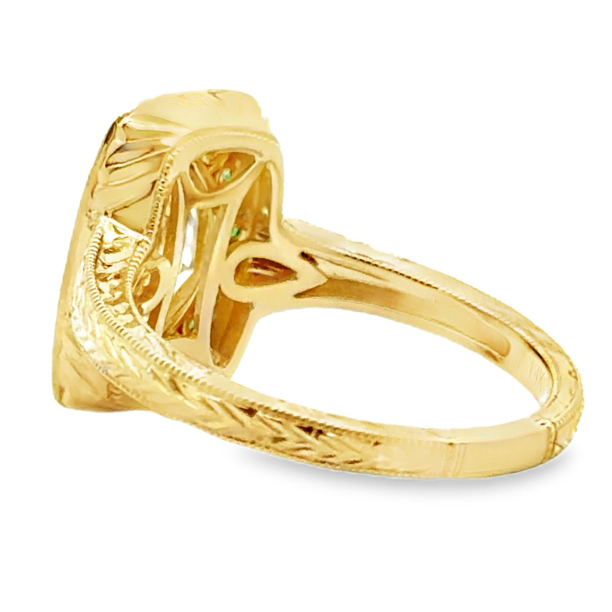 14K Yellow Gold Ring with 12 Round Diamonds 0.08 Carat, 20 Round Emeralds 0.23 Carat, One GIA Certified Marquise Center Diamond 0.82 Carat
