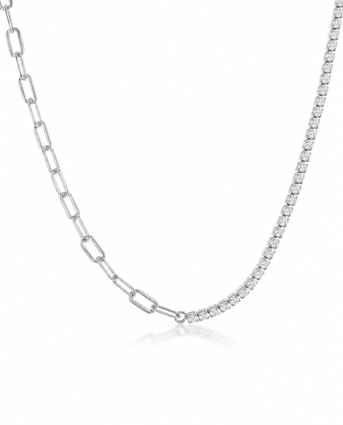 Sterling Silver Half Paperclip Necklace and Half Tennis Necklace with Adjustable Length
