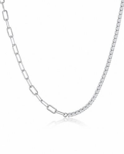 Sterling Silver Half Paperclip Necklace and Half Tennis Necklace with Adjustable Length