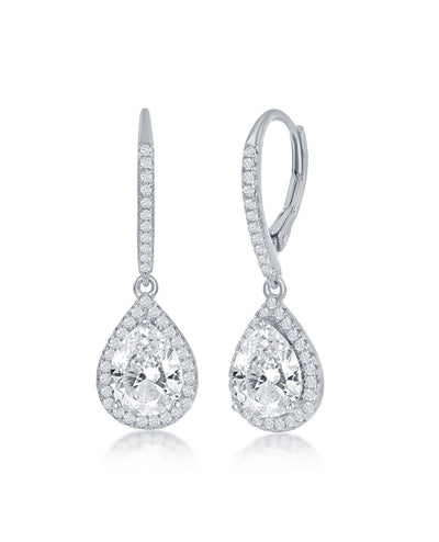 Sterling Silver Pear Shaped Halo Drop Earrings