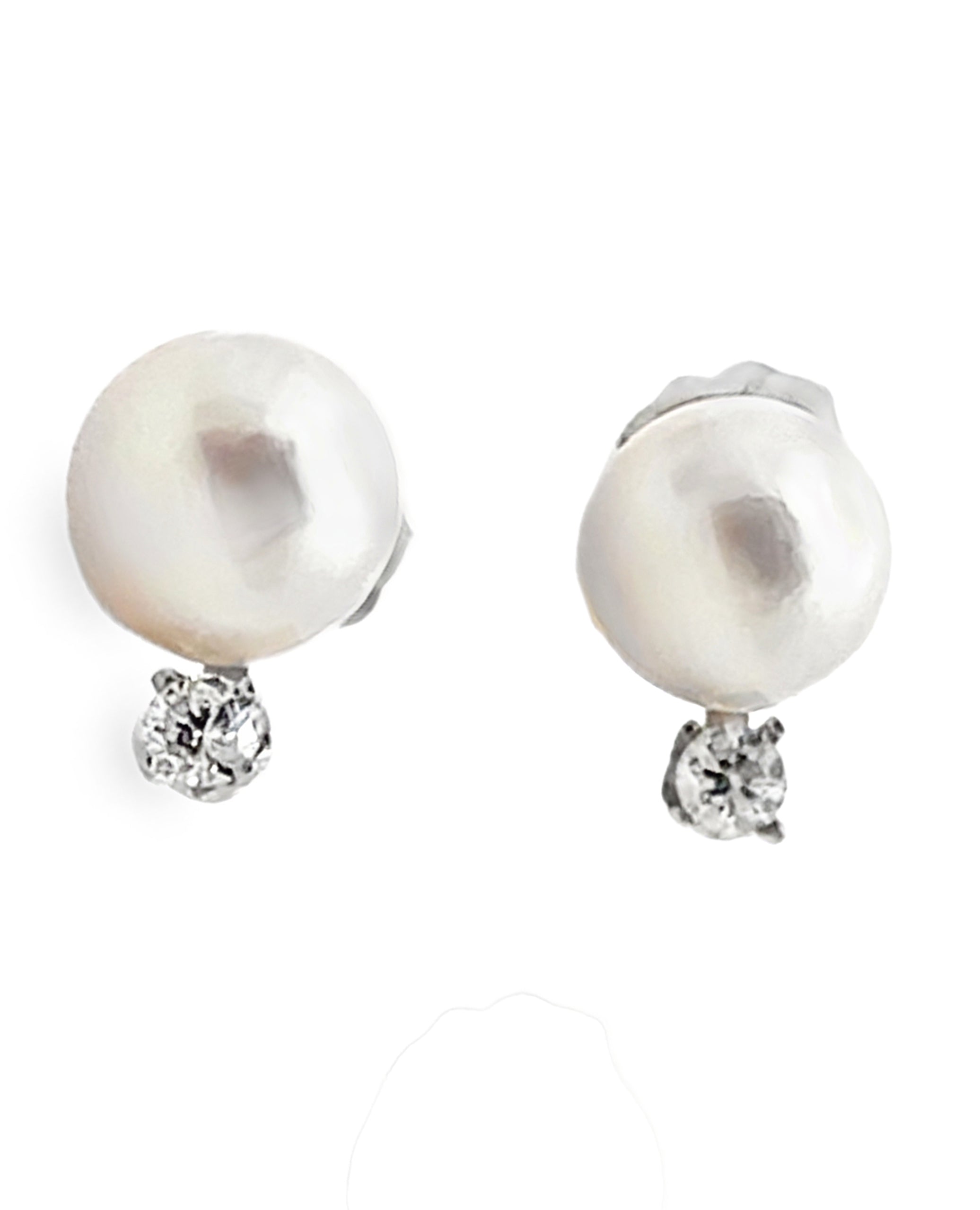 14K White Gold Cultured Pearl Stud Earrings with Diamonds
