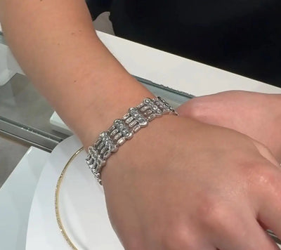 Vintage 18K White Gold Wide Multi-row Bracelet 9.88 Carat Round & Baguette Natural Diamonds