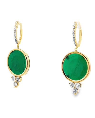 Bezel Set Green Intaglio Drop Earrings with Diamonds in 14K Yellow Gold