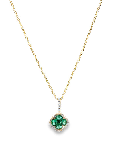 18K Yellow Gold Emerald & Diamond Quatrefoil Pendant Necklace