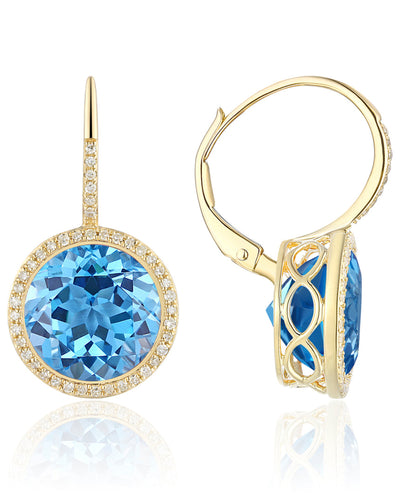 9.50 Carat Round Blue Topaz & Diamond Drop Lever Backed 14K Yellow Gold Earrings