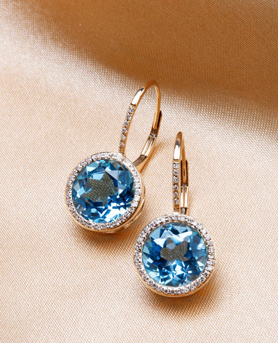 9.50 Carat Round Blue Topaz & Diamond Drop Lever Backed 14K Yellow Gold Earrings
