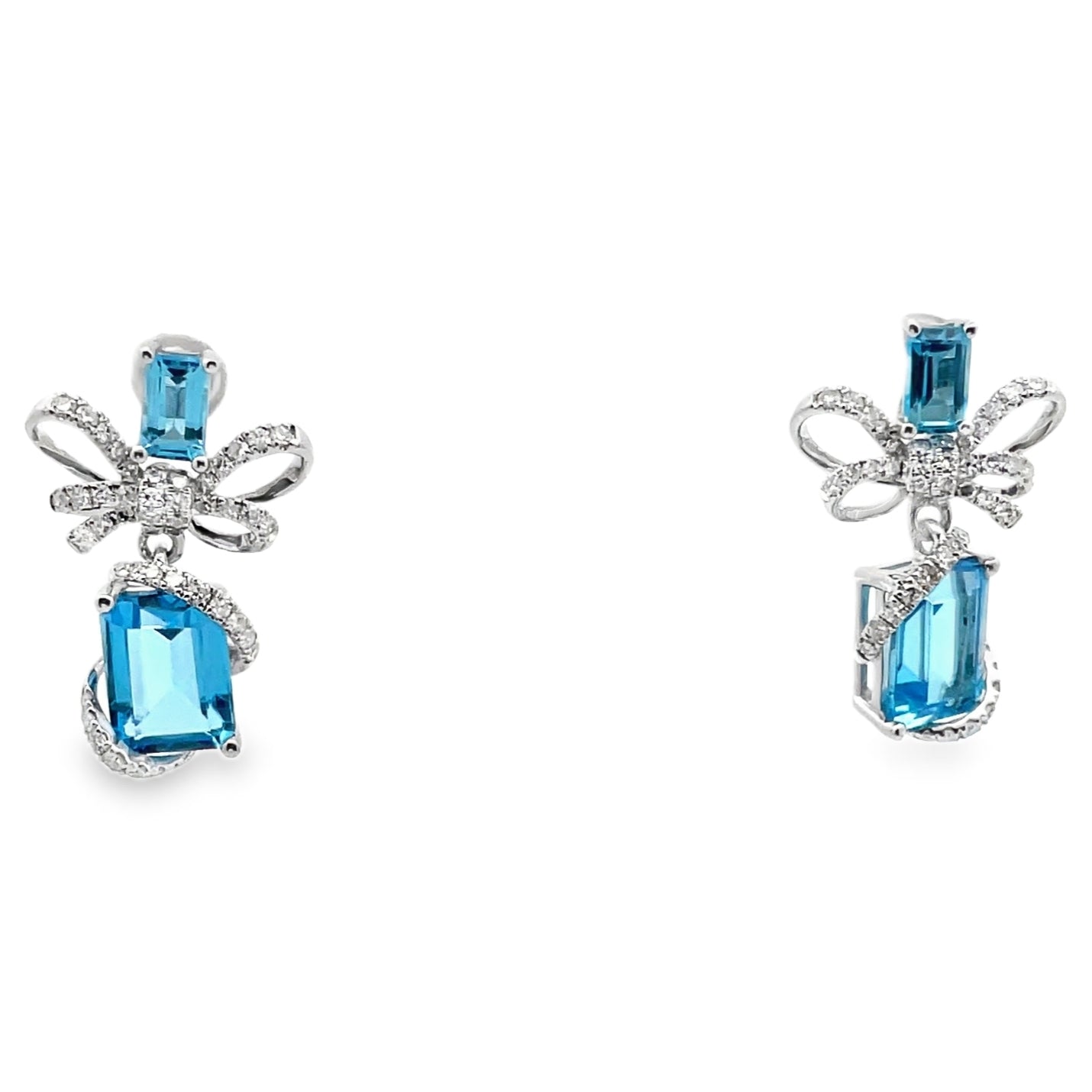 14K White Gold Bow Earrings with Blue Topaz and Diamonds