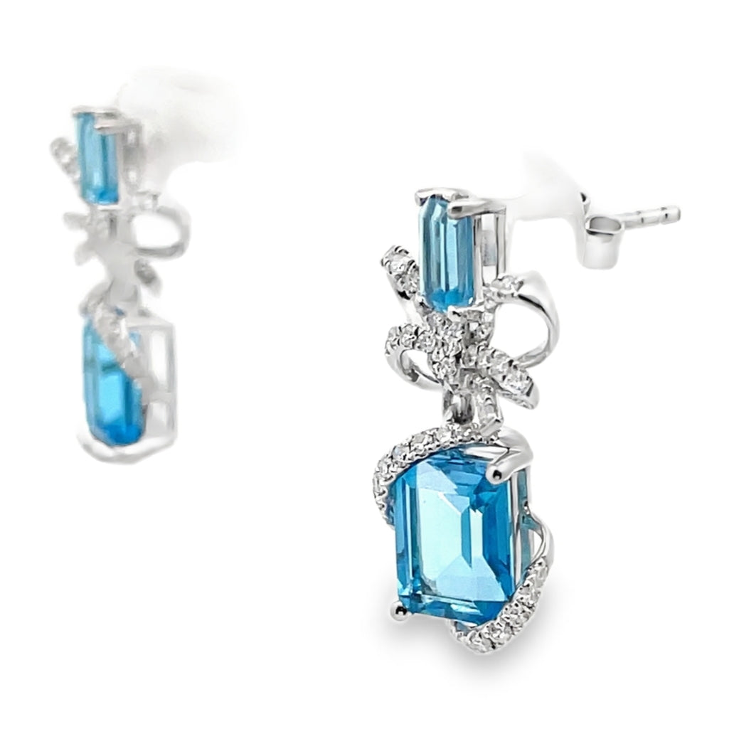 14K White Gold Bow Earrings with Blue Topaz and Diamonds