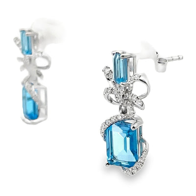 14K White Gold Bow Earrings with Blue Topaz and Diamonds