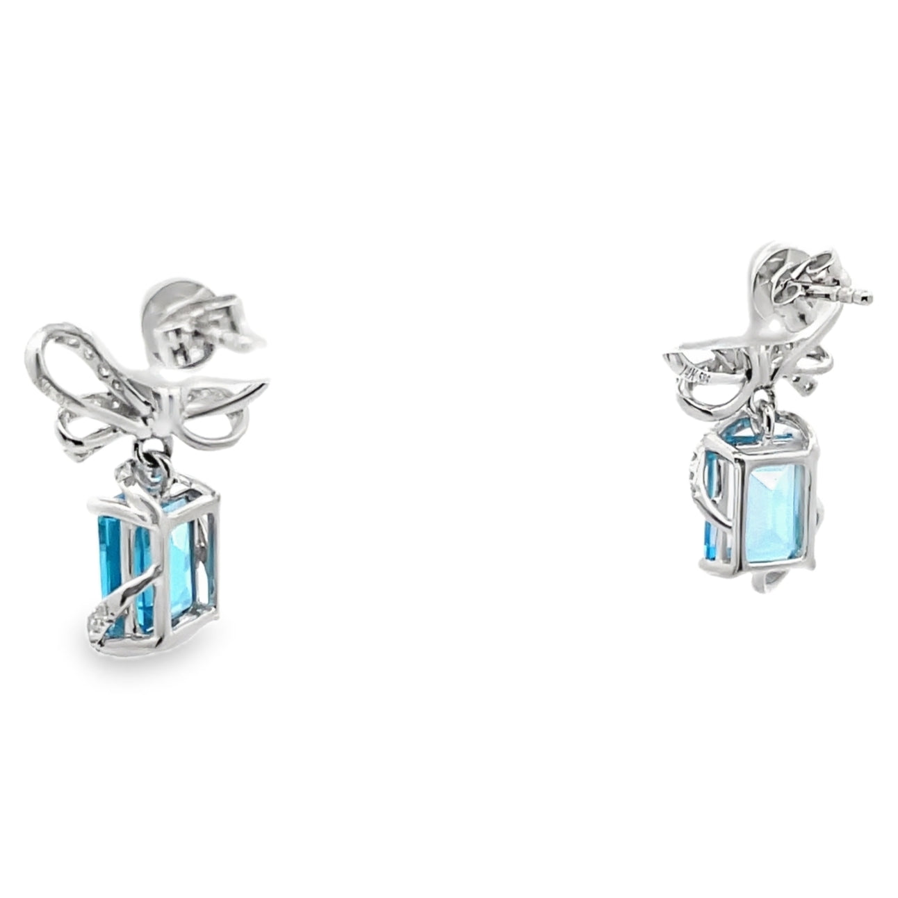 14K White Gold Bow Earrings with Blue Topaz and Diamonds