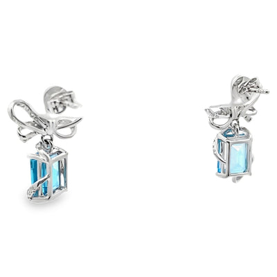 14K White Gold Bow Earrings with Blue Topaz and Diamonds
