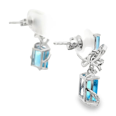 14K White Gold Bow Earrings with Blue Topaz and Diamonds