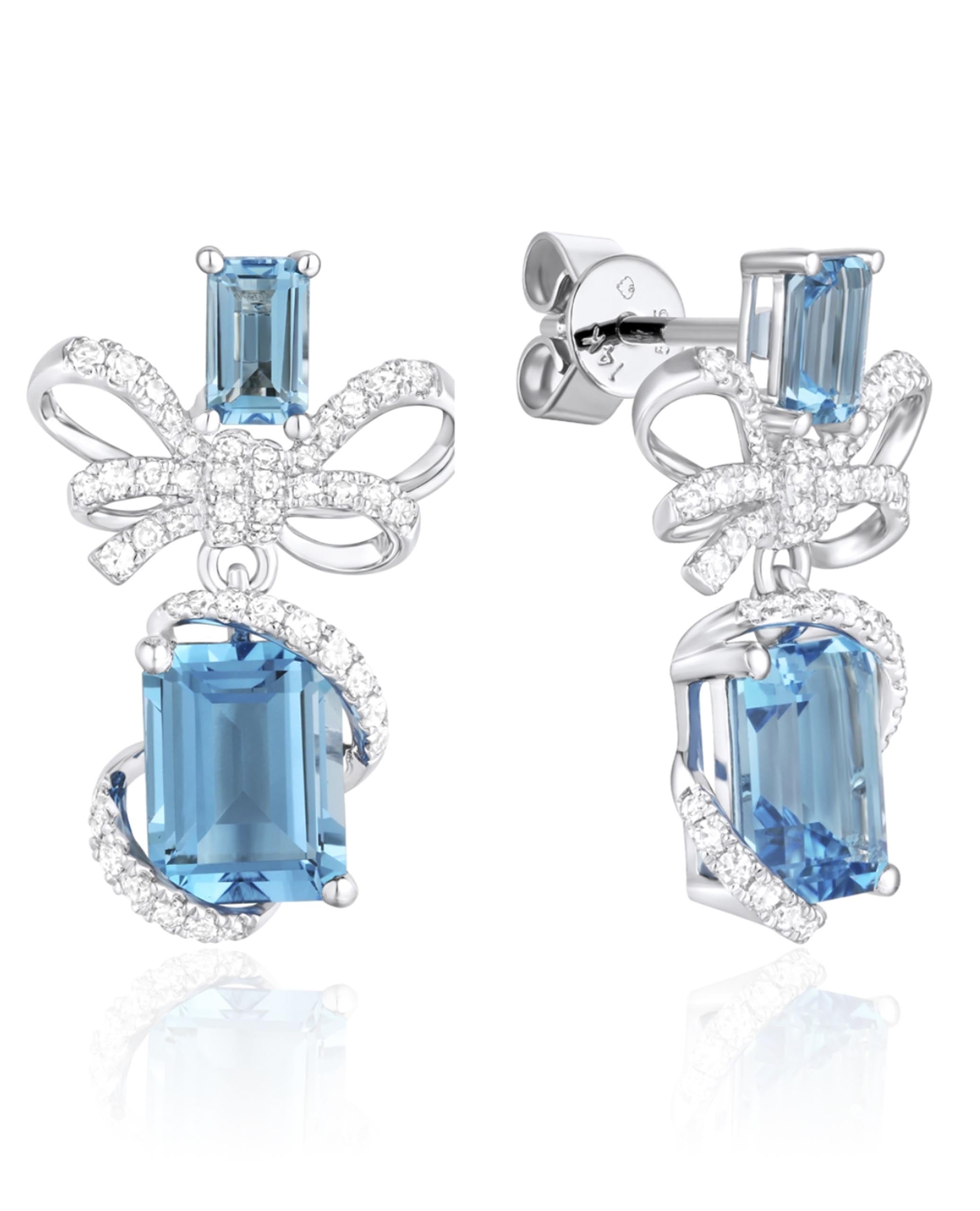 14K White Gold Bow Earrings with Blue Topaz and Diamonds