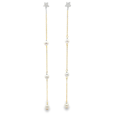 Meira T E10278/YP 14K Yellow Gold Long Pearl & Diamond Earrings