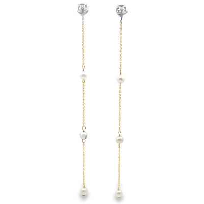 Meira T E10278/YP 14K Yellow Gold Long Pearl & Diamond Earrings