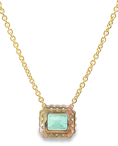 GIA Certified Colombian Emerald and Round Diamond Halo Pendant Necklace in 14K Yellow Gold