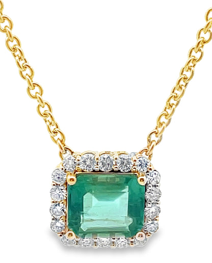 GIA Certified Colombian Emerald and Round Diamond Halo Pendant Necklace in 14K Yellow Gold