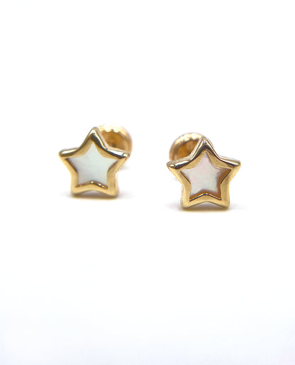 14K Yellow Gold Star Screwback Earrings with Mother of Pearl and Screwbacks