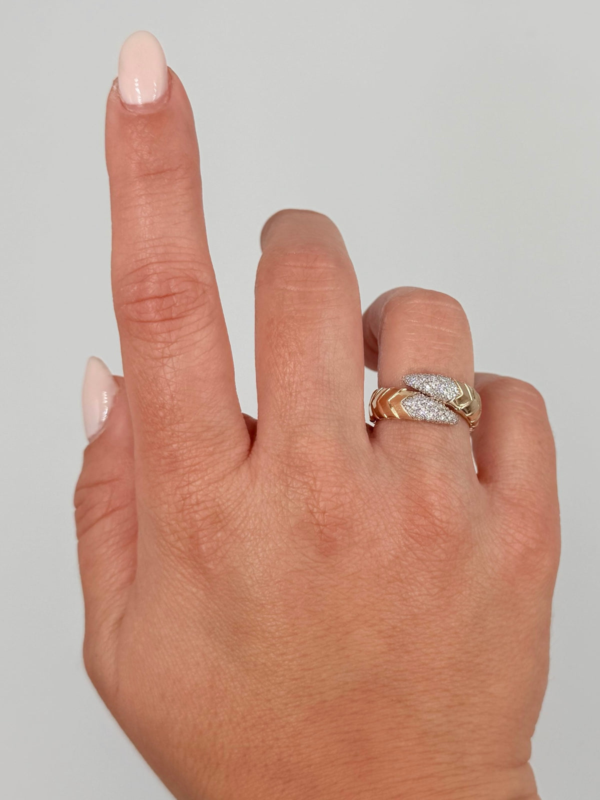 14K Yellow Gold Bypass Ring With Scaled Design, Tapered Ends And Round Diamonds Totaling 0.30 Carats