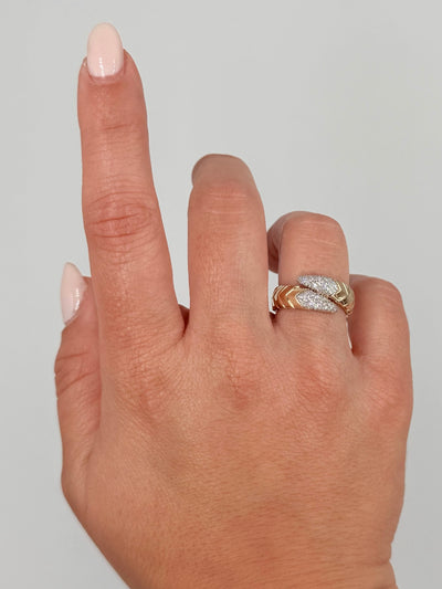 14K Yellow Gold Bypass Ring With Scaled Design, Tapered Ends And Round Diamonds Totaling 0.30 Carats