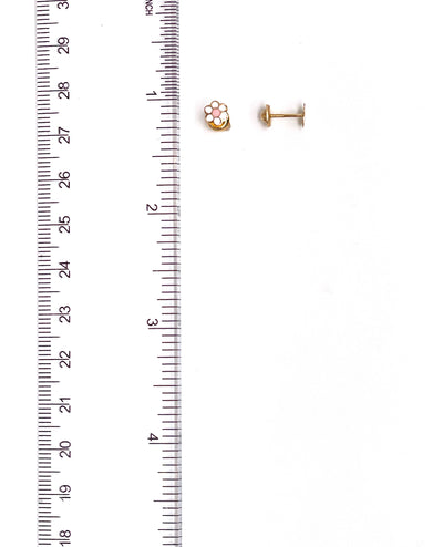 14K Yellow Gold Pink and White Flower Screwback Earrings