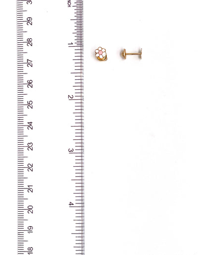 14K Yellow Gold Pink and White Flower Screwback Earrings