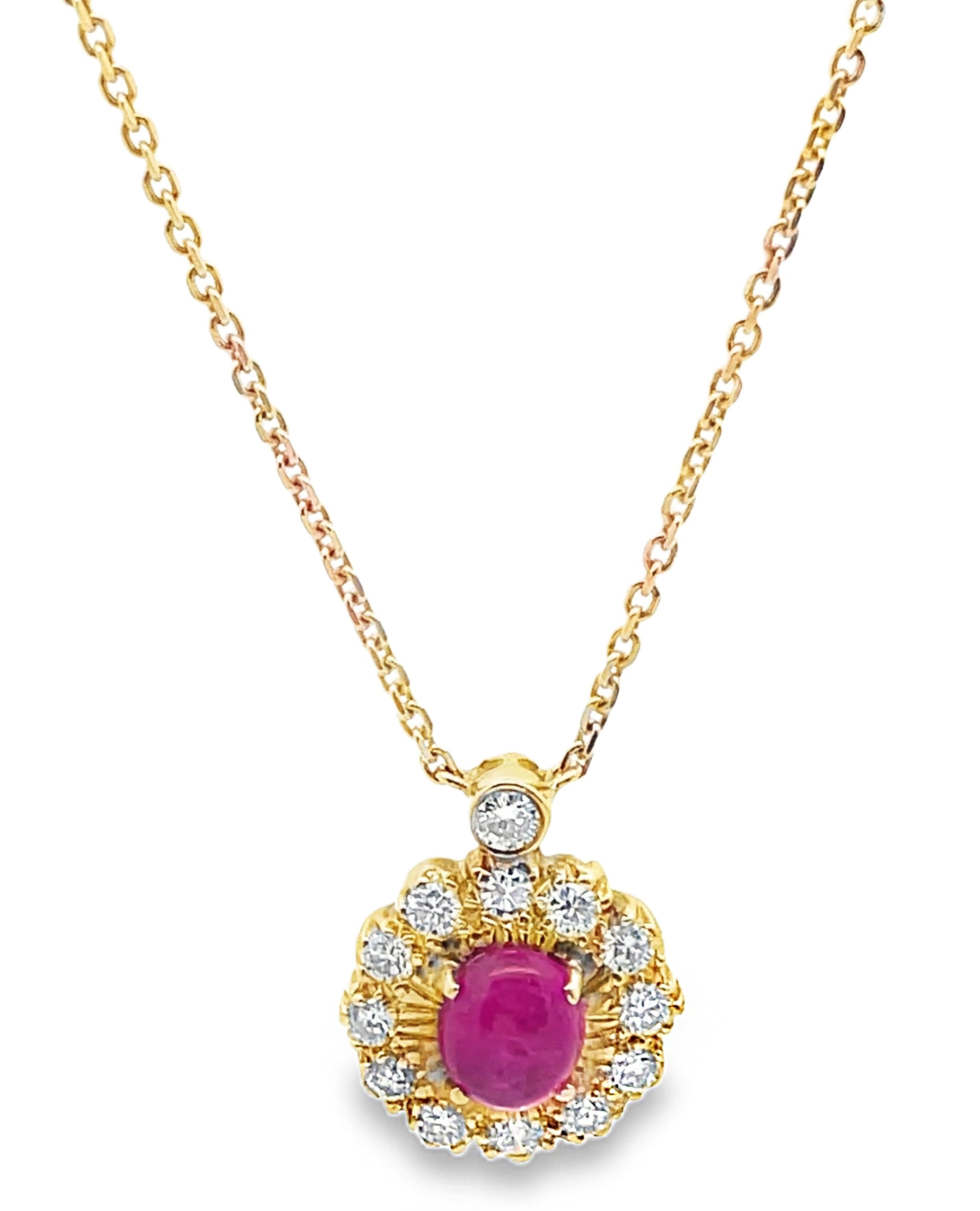 Vintage Oval Ruby Pendant in 18K Gold with Diamonds on a New Chain