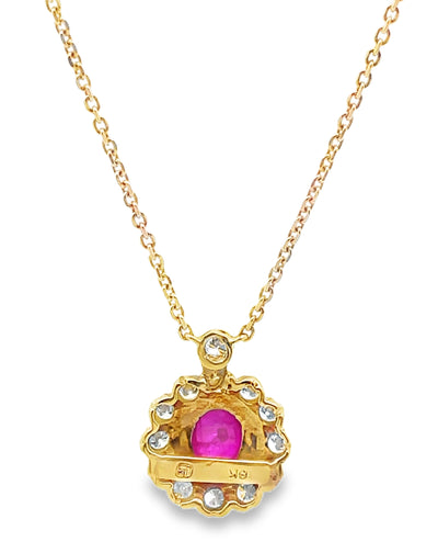 Vintage Oval Ruby Pendant in 18K Gold with Diamonds on a New Chain