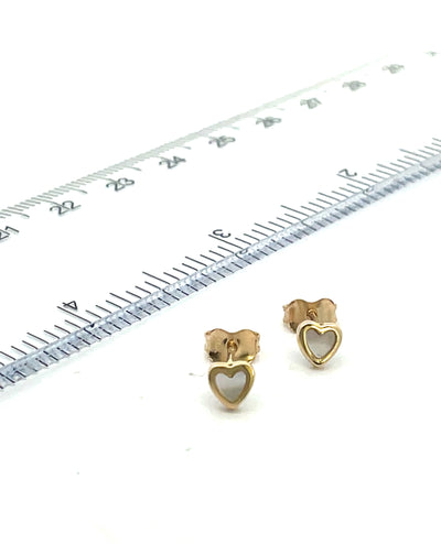 14K Yellow Gold Mini Heart Mother of Pearly Stud Earrings with Pushbacks