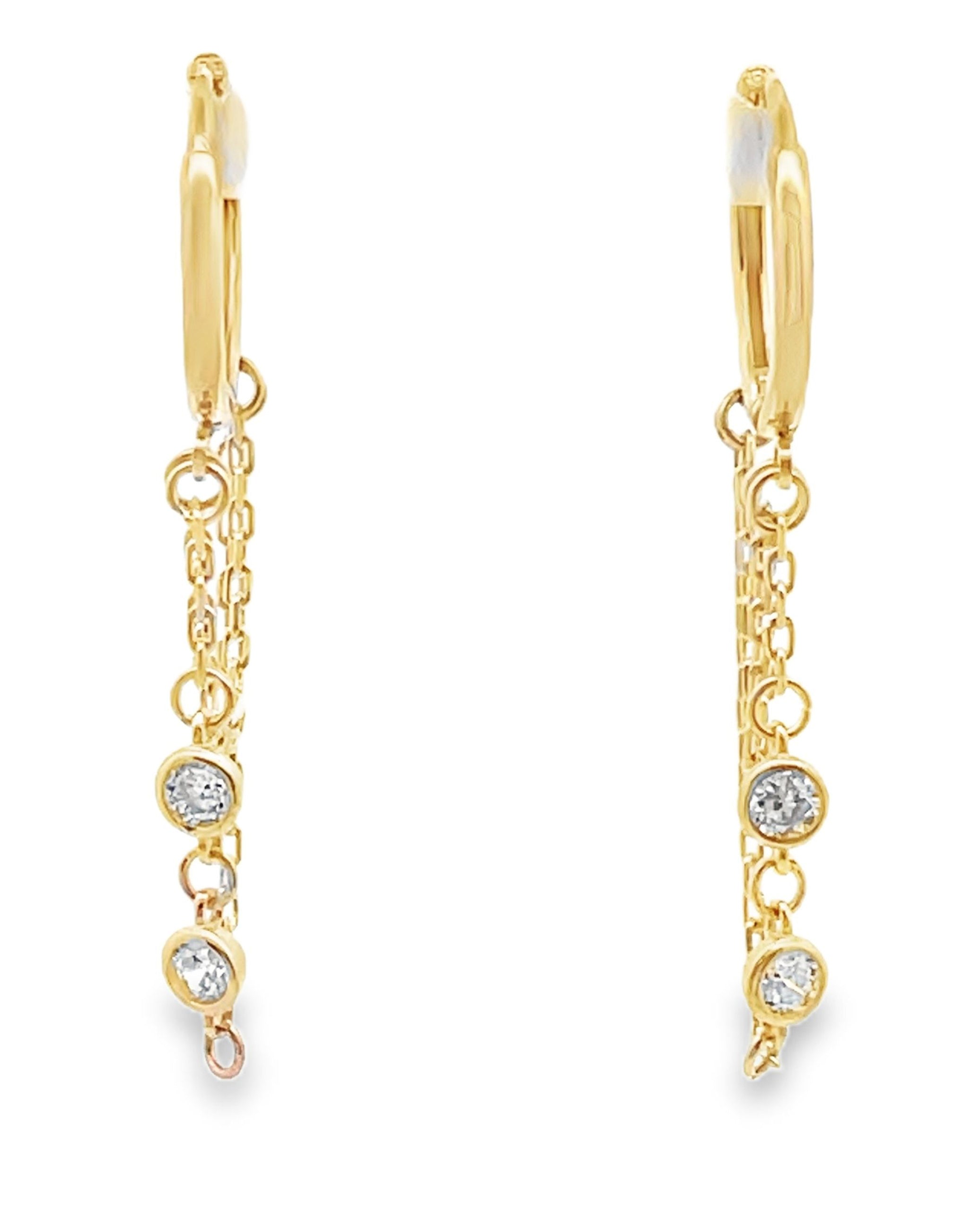 14K Yellow Gold Dangle Chain Hoop Earrings with Cubic Zirconia