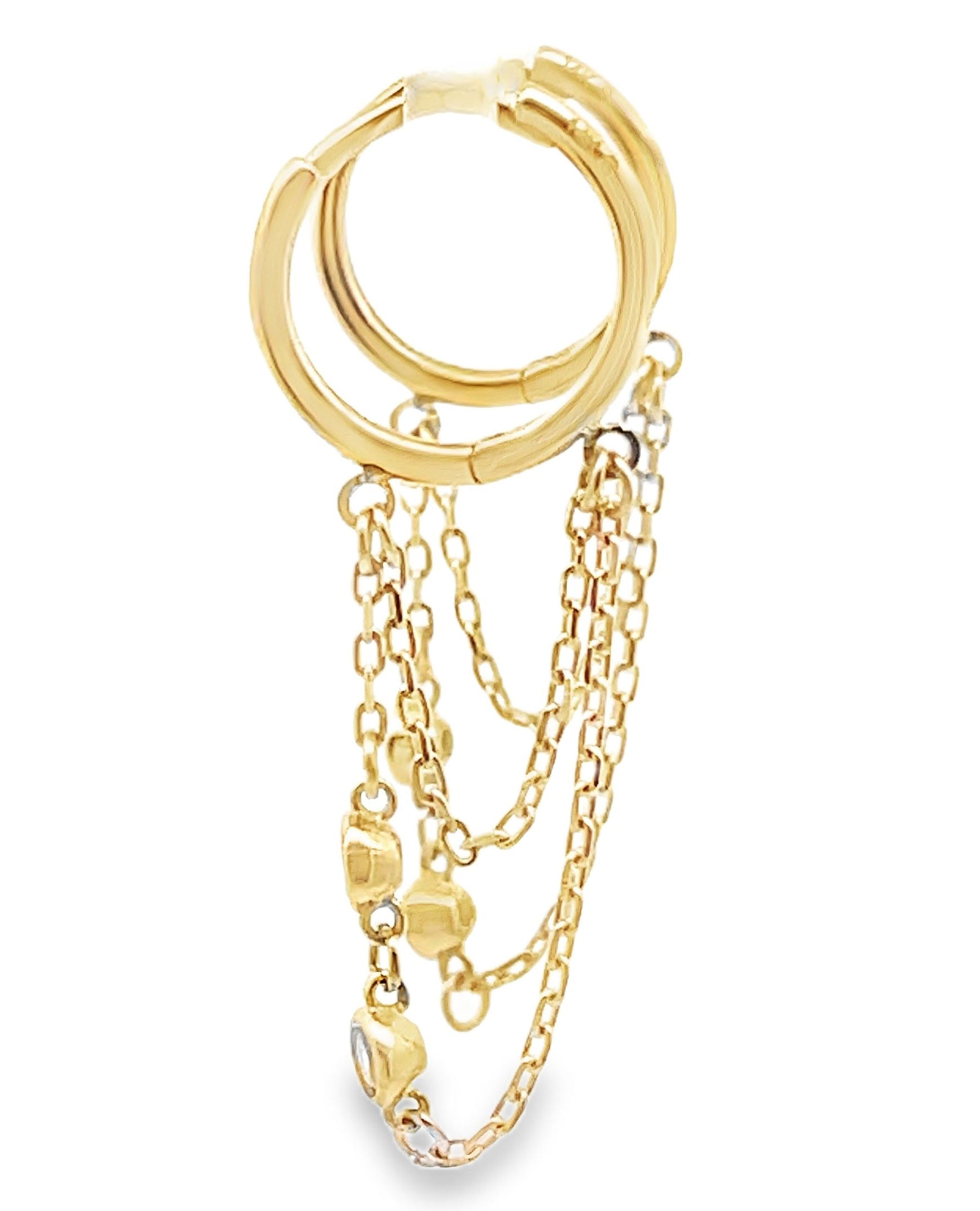14K Yellow Gold Dangle Chain Hoop Earrings with Cubic Zirconia