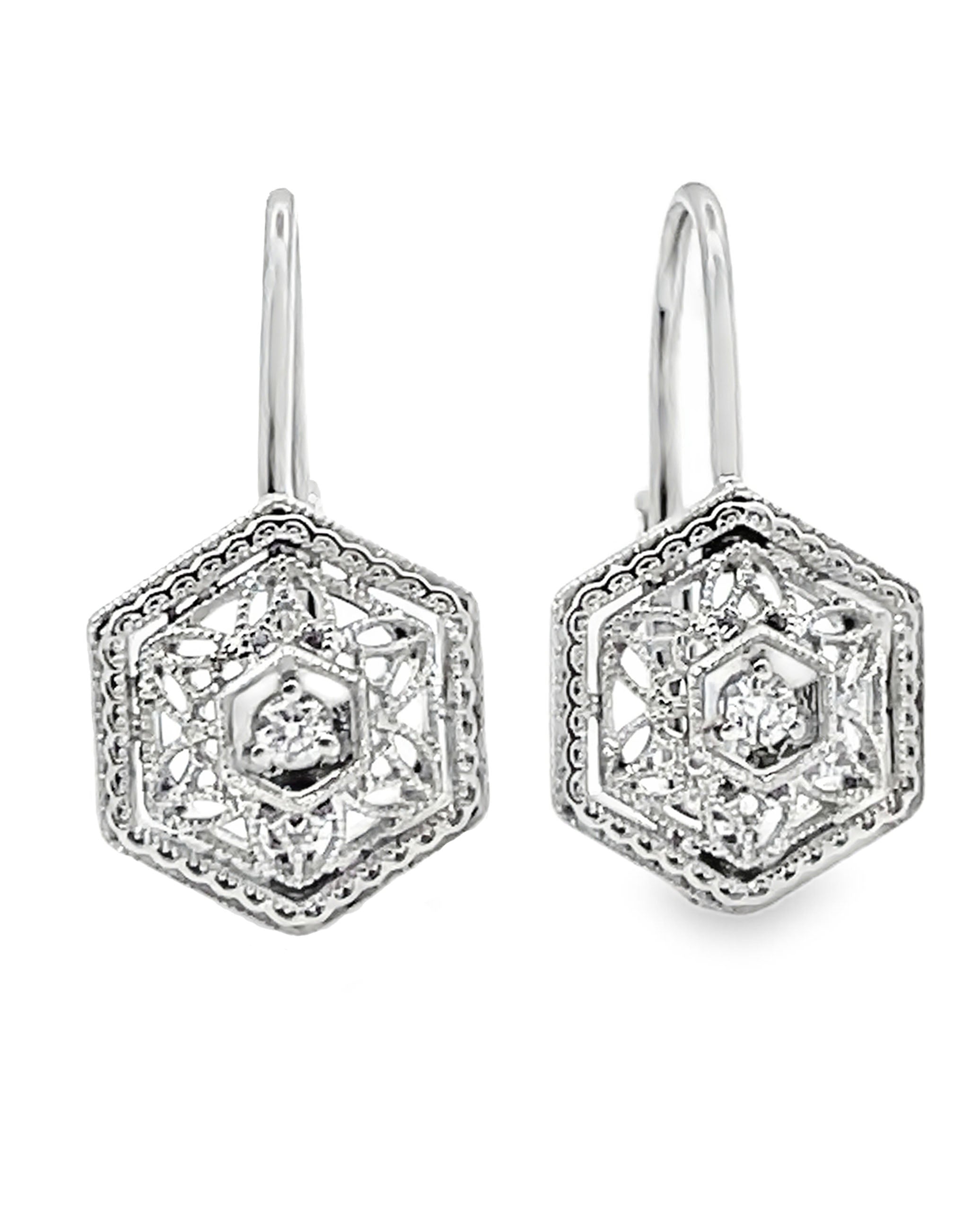 14K White Gold Antique Inspired Diamond Drop Earrings