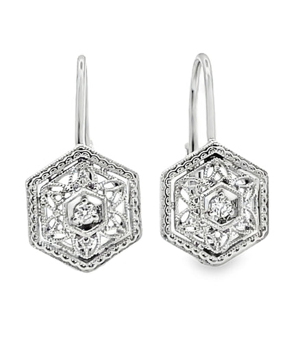 14K White Gold Antique Inspired Diamond Drop Earrings