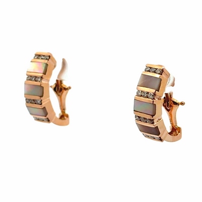 14K Rose Gold Clip On Earrings with Mother of Pearl and Round Diamonds