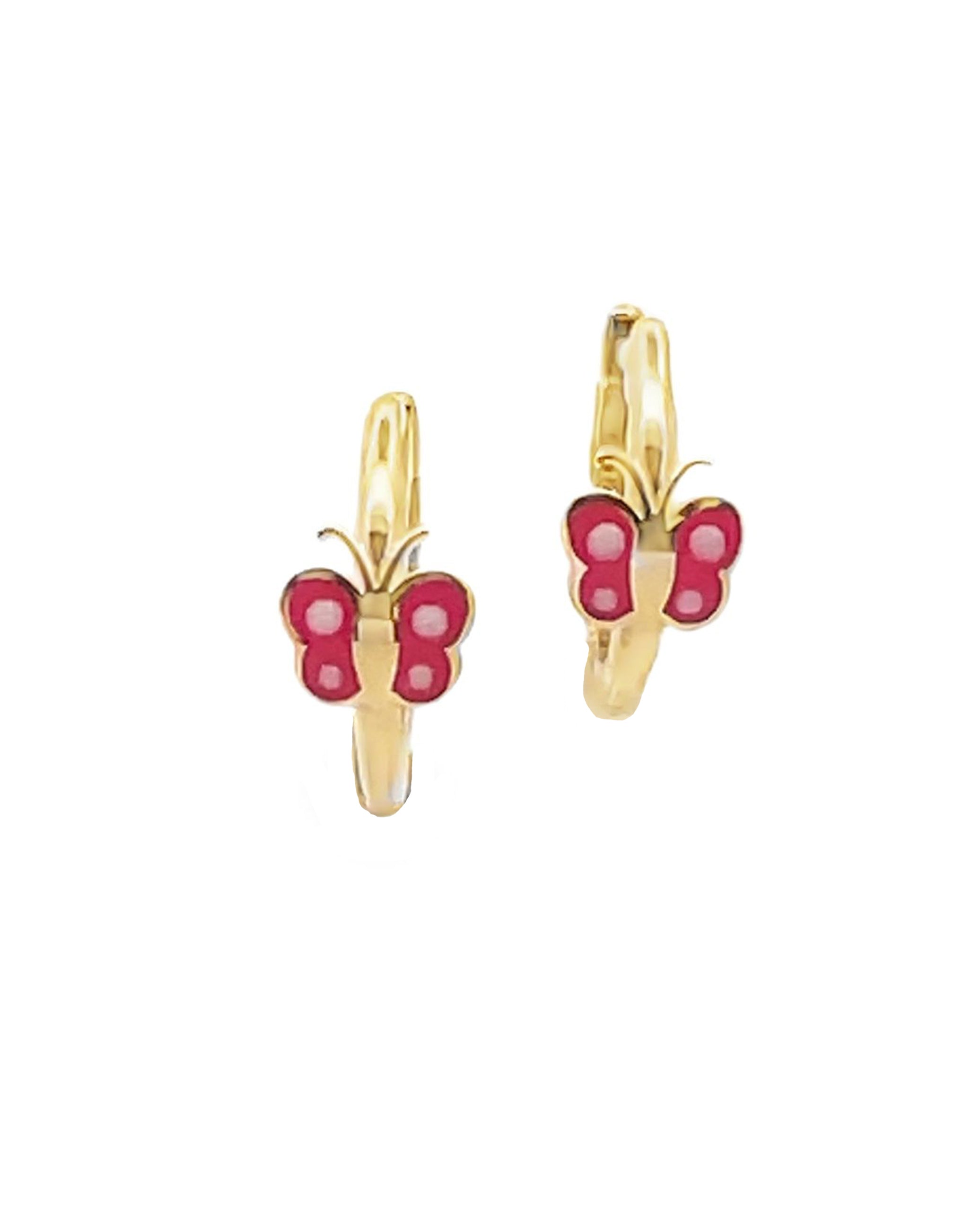 14K Yellow Gold Baby Hoop Earring with Dark Pink Butterfly