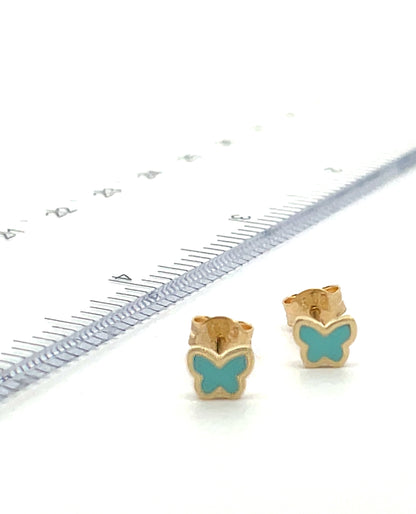 14K Yellow Gold Baby Blue Enamel Butterfly Earrings with Pushbacks