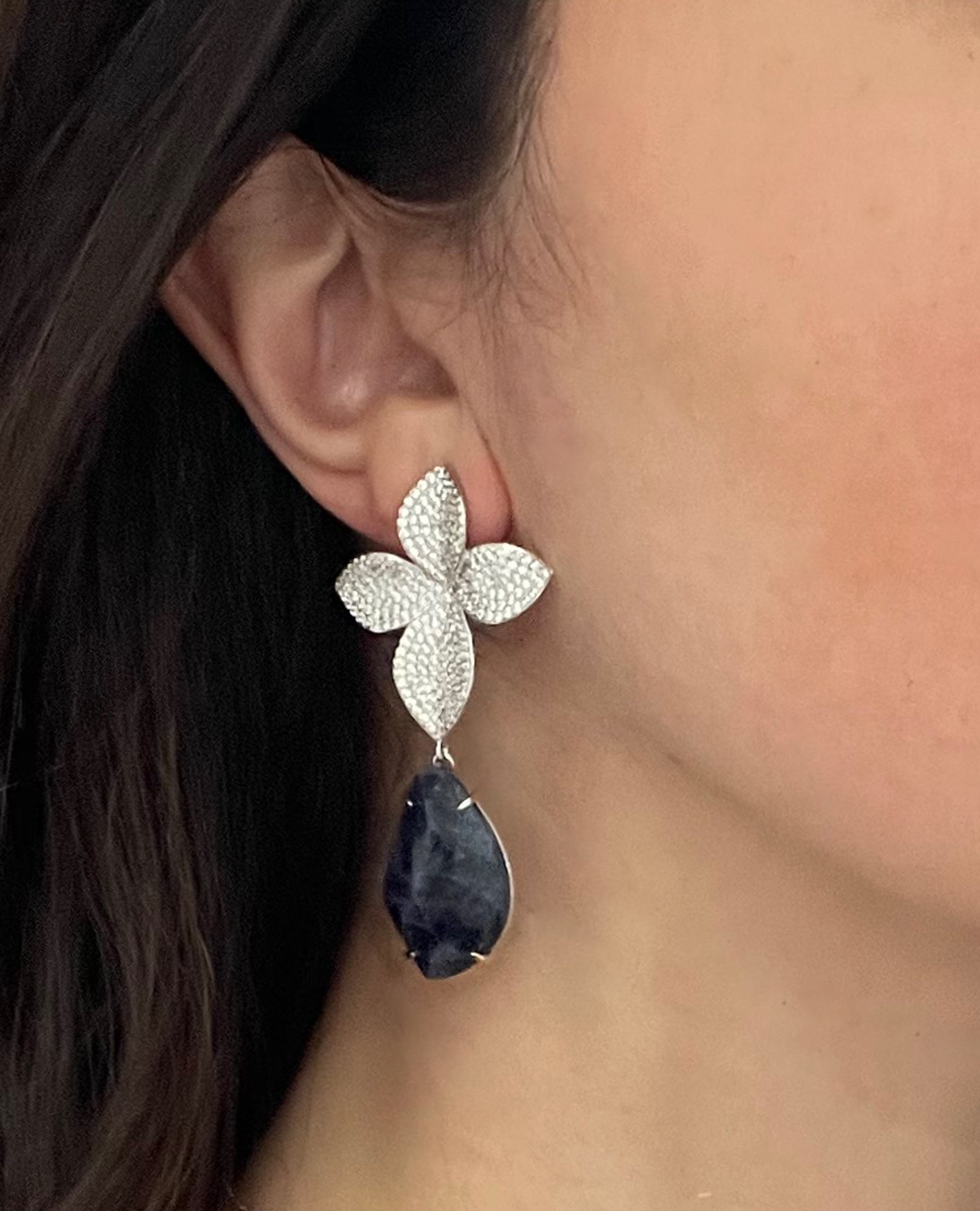 Sterling Silver and Lapis Flower Drop Statement Earrings