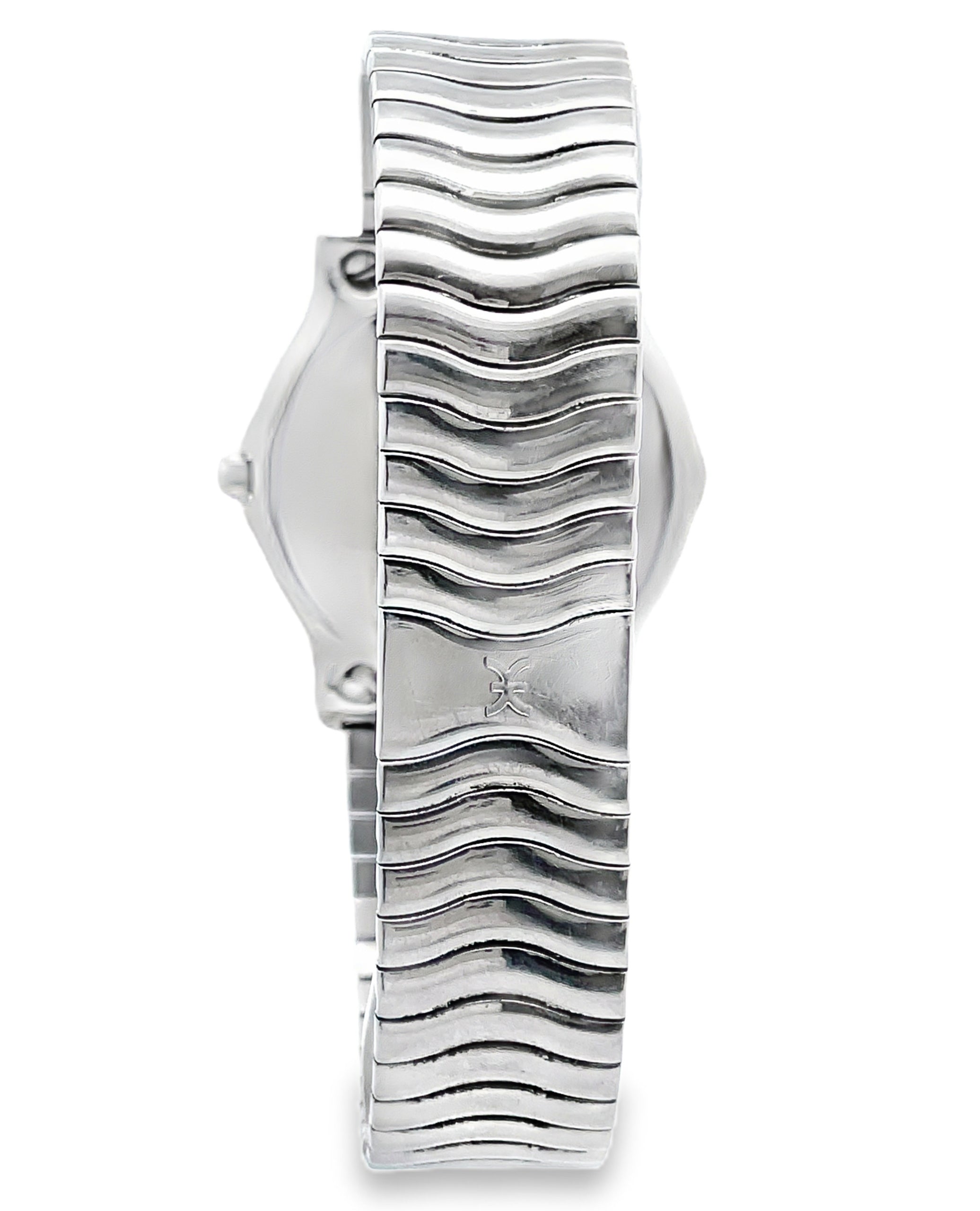 Vintage Stainless Steel Ebel Watch, Wave Design, 28mm with Black Dial, Roman Numeral Markings, Date Window