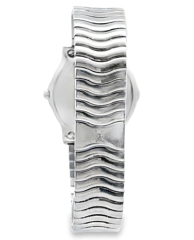 Vintage Stainless Steel Ebel Watch, Wave Design, 28mm with Black Dial, Roman Numeral Markings, Date Window
