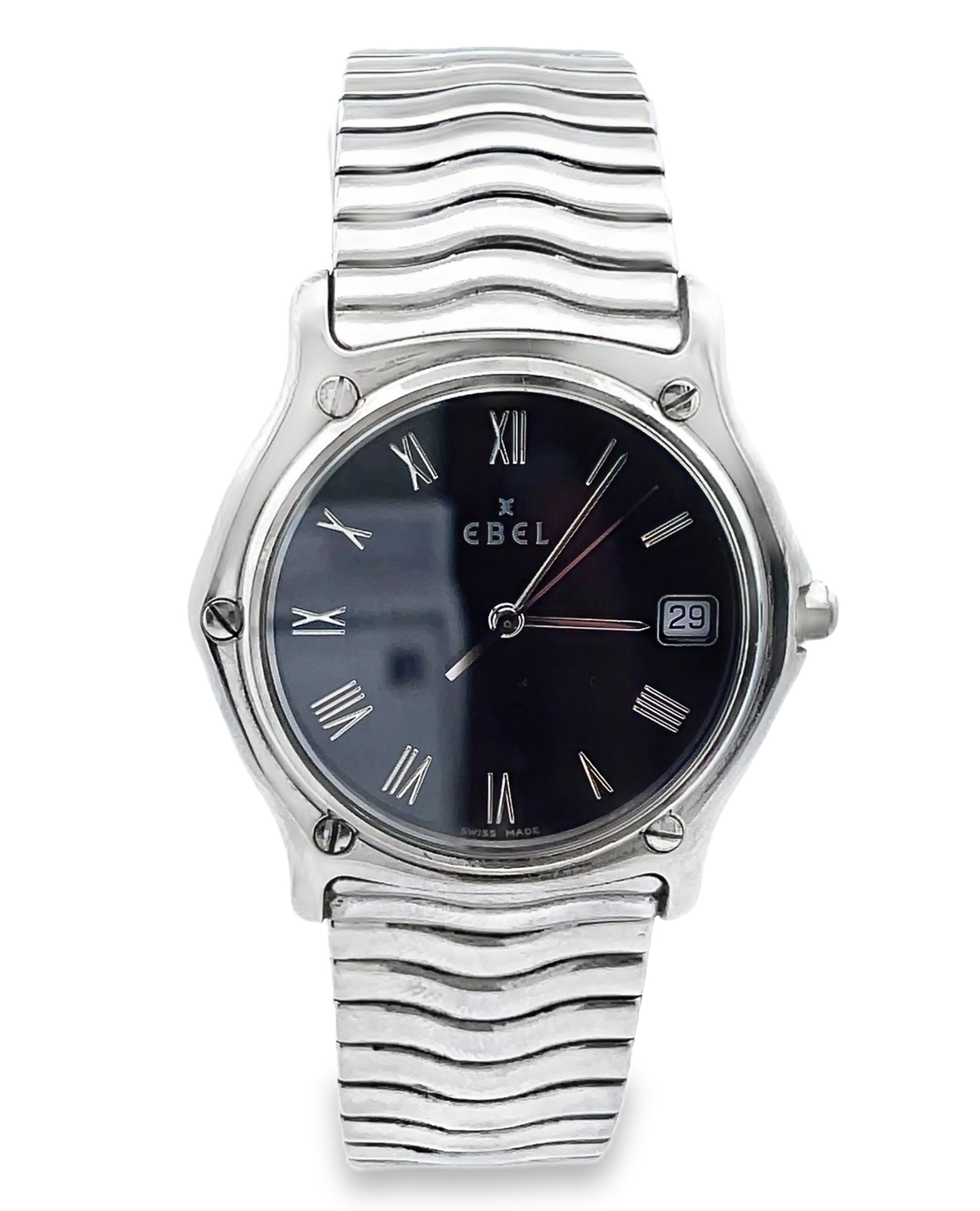 Vintage Stainless Steel Ebel Watch, Wave Design, 28mm with Black Dial, Roman Numeral Markings, Date Window