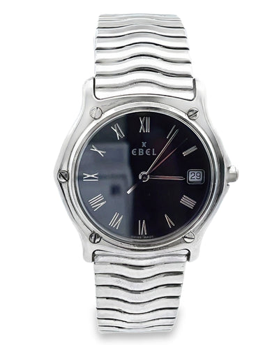Vintage Stainless Steel Ebel Watch, Wave Design, 28mm with Black Dial, Roman Numeral Markings, Date Window