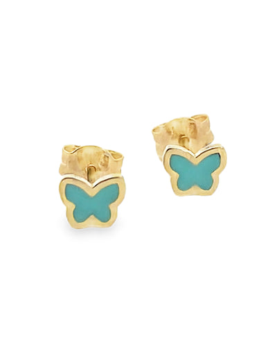 14K Yellow Gold Baby Blue Enamel Butterfly Earrings with Pushbacks