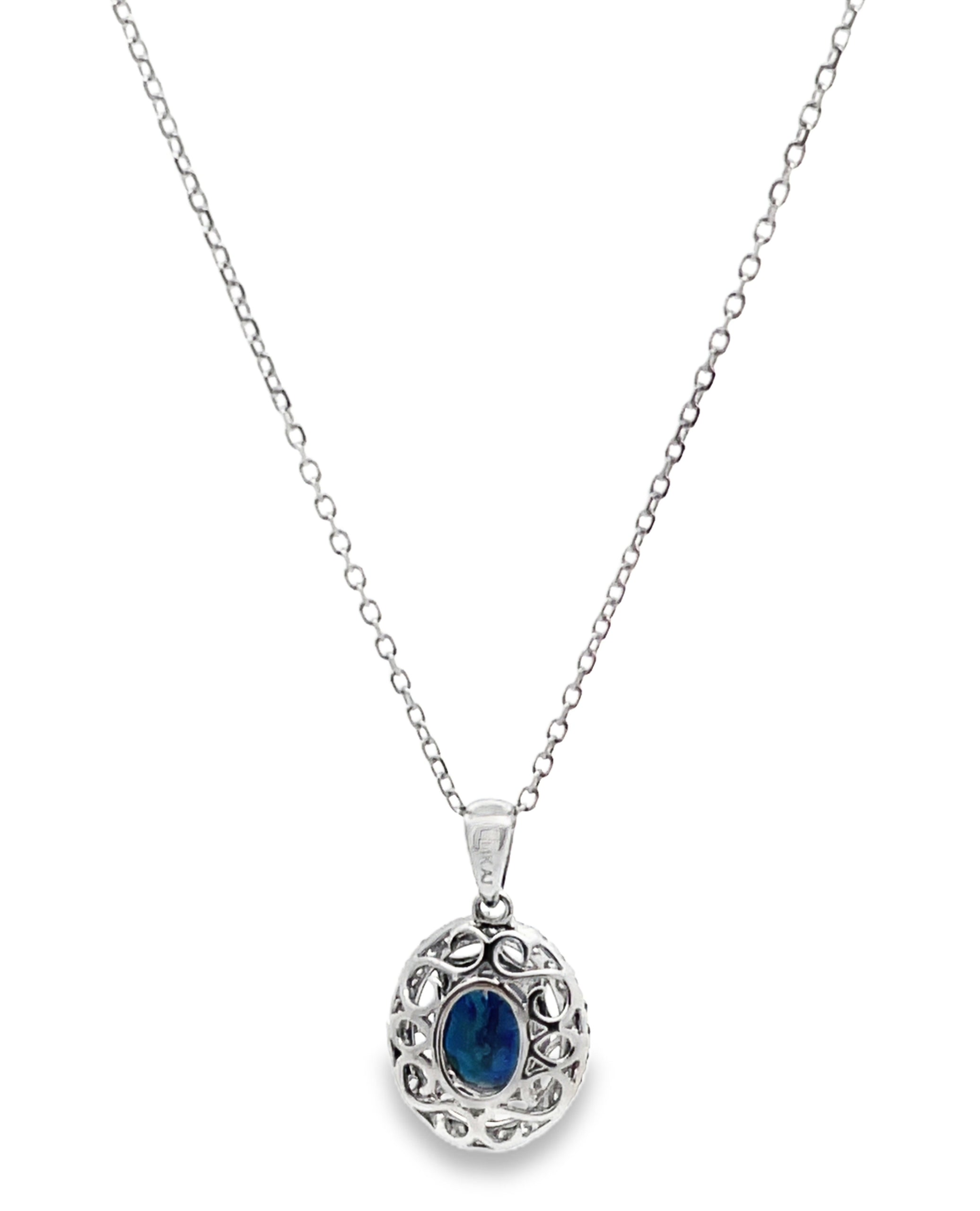 14K White Gold Blue Sapphire & Diamond Pendant Necklace