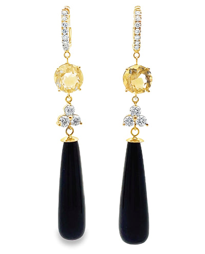 Pair of Diamond, Citrine & Black Onyx Dangle Huggie Hoop Earrings