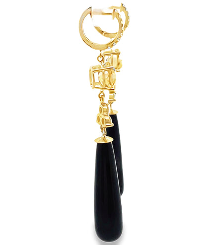 Pair of Diamond, Citrine & Black Onyx Dangle Huggie Hoop Earrings