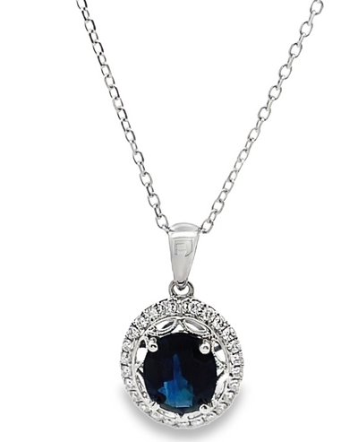 14K White Gold Blue Sapphire & Diamond Pendant Necklace